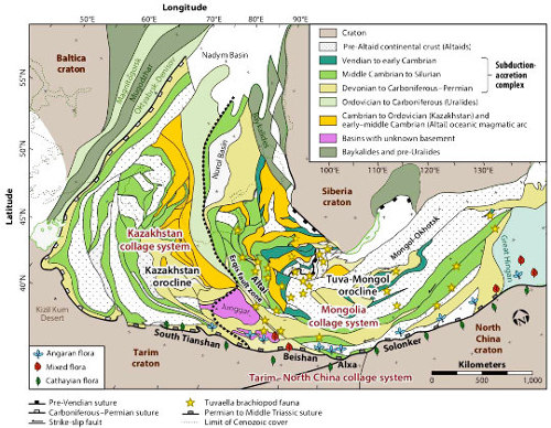 Carte tectonique des principaux ensembles formant la CAOB (Jazackstan, Mongolie, collage Tarim-Chine du Nord et suture de Solonker)