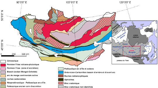 Carte géologique simplifiée de la Mongolie