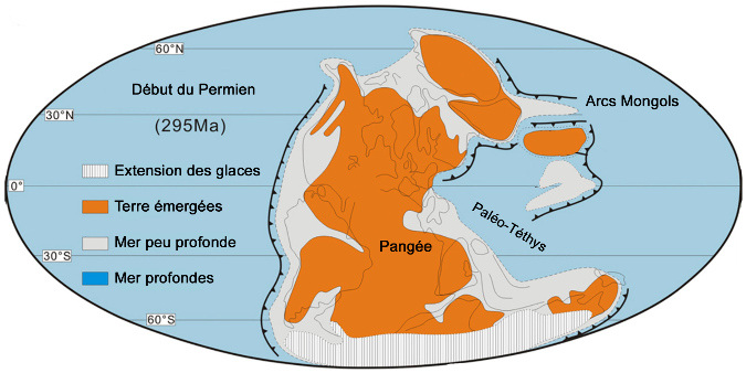 Carte paléogéographique schématique lors de la fermeture de l'océan paléo-asiatique au début du Permien