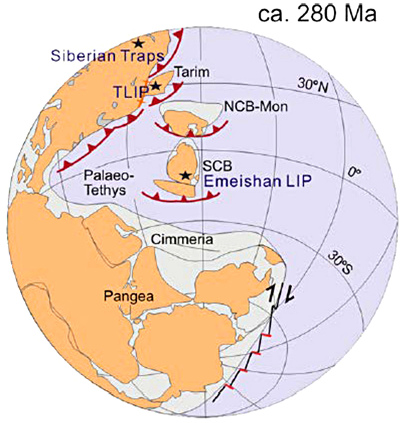 Localisation des trois LIP permiennes en Asie  Tarim (TLIP), Emeishan (ELIP) et Sibérie (SLIP ou Siberian Traps)