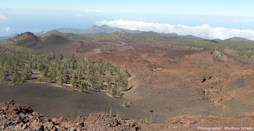 Champ de lapillis basaltiques, de coulées scoriacées de type aa (au pied du photographe et à droite de l'image) et de cônes de scories monogéniques (à gauche et au second plan), datant du Pléistocène, flanc Sud-Ouest de l'ile de Tenerife (Canaries, Espagne), secteur de Samara, Parc national du Teide