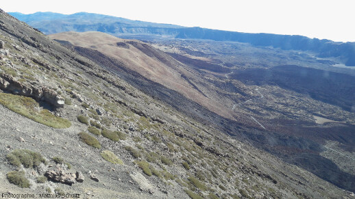 Panorama de la caldeira de Las Cañadas depuis les pentes Sud du Teide (photographie prise à mi-hauteur du téléphérique, en direction de l'Est), ile de Tenerife (Canaries, Espagne)