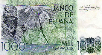 Ancien billet de 1000 pesetas (de 1979) représentant le secteur de Roques de Garcia : le Roque Cinchado à gauche et un dyke phonolitique prismé à droite, avec le sommet du Teide visible en fond