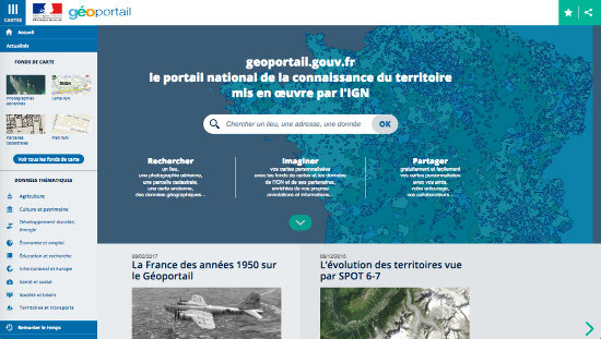 Extrait de la page d'accueil du Géoportail consultée le 19 février 2017, menu "Cartes" déroulé (à gauche)