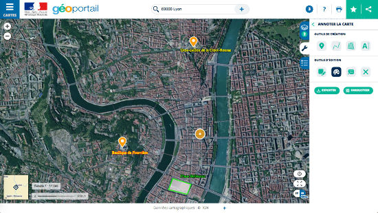 Annotation de quelques éléments du centre-ville de Lyon avec les outils du Géoportail