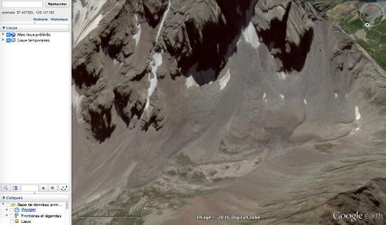 Glaciers rocheux au niveau du col du Lautaret (Hautes-Alpes), le massif du Combeynot vu par Google earth