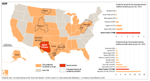Localisation du Bassin permien et productions de gaz et de pétrole comparées aux autres bassins des États-Unis
