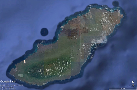 Vue satellite de l'ile San Cristobal et de sa végétation, Galapagos