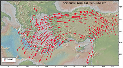 Mesures GPS du déplacement de l'Anatolie et de la Grèce par rapport à l'Eurasie