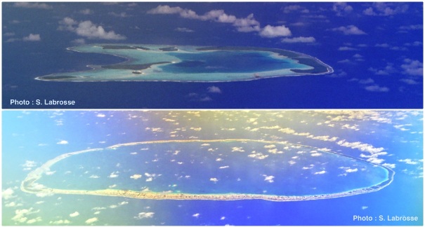 Les atolls Tetiaroa (haut, îles du vent, Polynésie Française) et Tikehau (bas, Tuamotu, Polynésie Française) vus d'avion