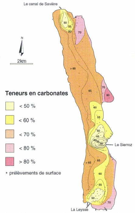 Teneur en carbonates des sédiments du lac du Bourget
