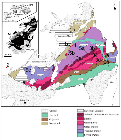 Carte géologique simplifiée des ensembles magmatiques des Vosges septentrionales