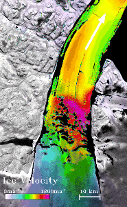Image par interférométrie montrant les vitesses d'écoulement d'un glacier en Antarctique