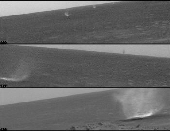 Tornades martiennes observées par Spirit (images publiées le 6 mai 2005)