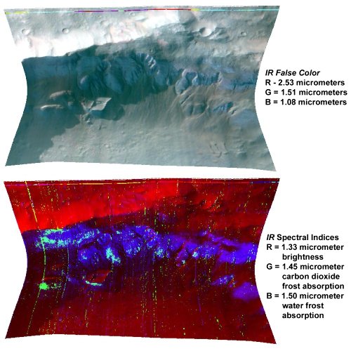 Image fausse couleur (en haut) et composition des glaces (en bas) sur un relief de Mars