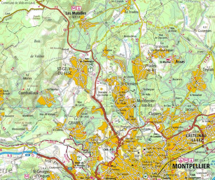 Localisation des Matelles au Nord de Montpellier (Hérault) sur la carte IGN au 1/50 000