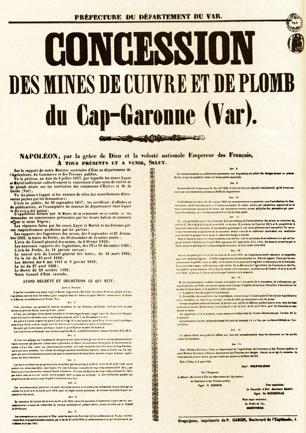 Document de concession des mines de cuivre (et de plomb) du Cap Garonne, établi en 1857 par l'état