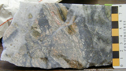 Gneiss bréchifié et injecté par du quartz gris microcristallin et du quartz blanc hyalin provenant de la mine de Laurièras