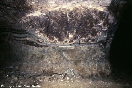 Très gros stromatolithe imprégné d'hydrocarbures dans une galerie de la Mine des Rois, Dallet