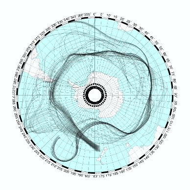 Carte des trajectoires de particules atmosphériques pendant une période de 10 jours