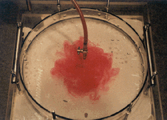 Injection de colorant dans un fluide contenu dans une cuve sans rotation.