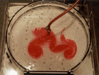 Injection de colorant dans un fluide contenu dans une cuve en rotation.