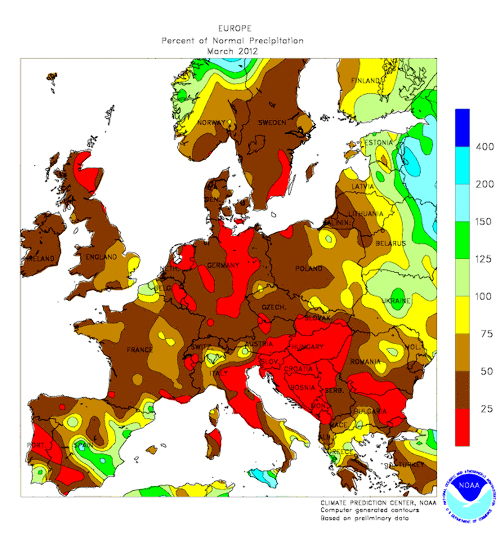 Précipitations en mars 2012 en Europe par rapport à la normale (100%)