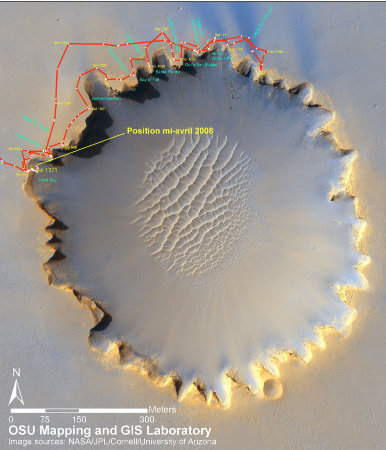 Mars : carte des trajets d'Opportunity autour, puis dans le cratère Victoria durant les 550 derniers sols