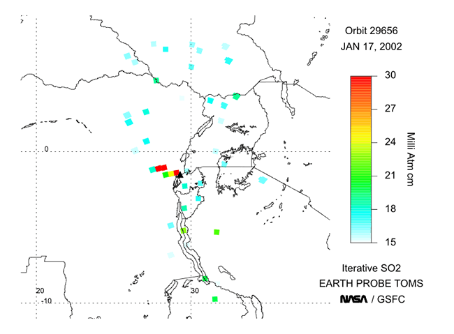 Nuage de SO2 de l'éruption du Nyiragongo détecté par spectrométrie TOMS le 17 janvier 2002, 9h (UTC)