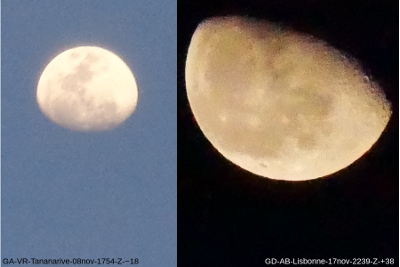 Deux observations de lunes gibbeuses en novembre 2019, à Tananarive (Madagascar) et Lisbonne (Portugal)