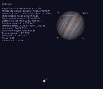 Transit de Ganymède et de son ombre sur Jupiter, tel qu'observable depuis la Terre dans un télescope la nuit de l'opposition, le 7 avril 2017, vers 22h