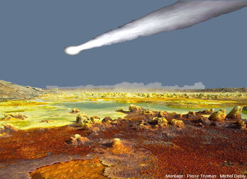 Montage regroupant une comète (théorique) et champ géothermal actuel, analogie lointaine de ce à quoi pouvaient ressembler les terres émergées il y a 4 Ga, époque à laquelle la vie est apparue