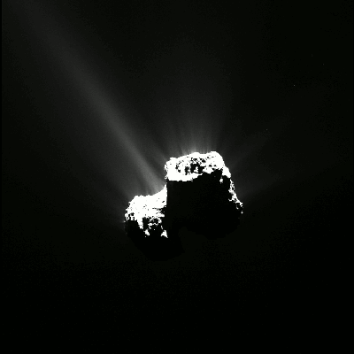 Dix-sept images de la comète 67P/Churyumov-Gerasimenko passées en accéléré montrant la rotation de la comète sur elle-même et les éjections très irrégulières de gaz et de poussières qui s'en échappent