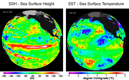 Évolution mensuelle de la hauteur de la mer (SSH) et de la température de surface de l'océan (SST) pour l'océan Pacifique