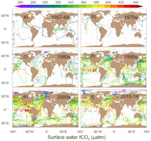 Localisation des mesures de pression partielle de CO2 océanique compilées par décennie dans la base de données SOCAT (Surface Ocean Carbon Atlas)