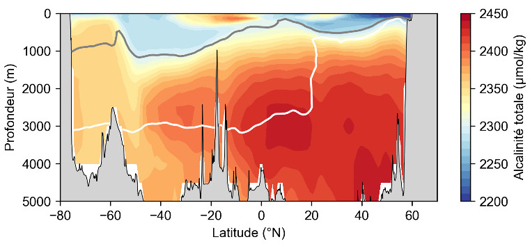 Section verticale d'alcalinité totale dans l'océan Pacifique le long du méridien 150° Ouest