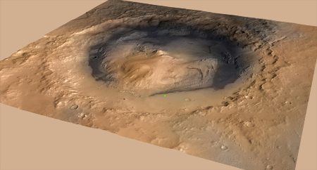 Vue oblique du cratère Gale, ellipse où était prévu l'atterrissage (en bleu) et point (vert) localisant exactement le site d'atterrissage de Curiosity