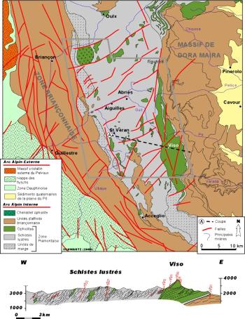 Carte et coupe géologique de la partie sud des Alpes occidentales