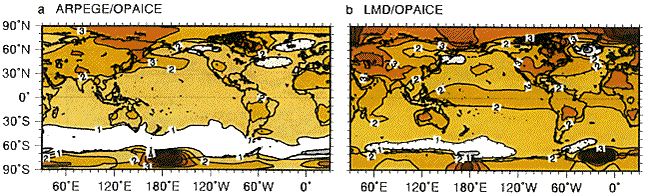 Variation de la température annuelle de surface de l'air (à 2 m d'altitude) pour deux modèles