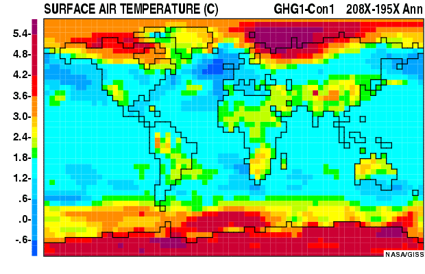Résultat de la modélisation NASA/GISS : variations de la température de surface annuelle liée à une augmentation de CO2