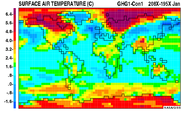 Résultat de la modélisation NASA/GISS : variations de la température de surface pour le mois de janvier liée à une augmentation de CO2