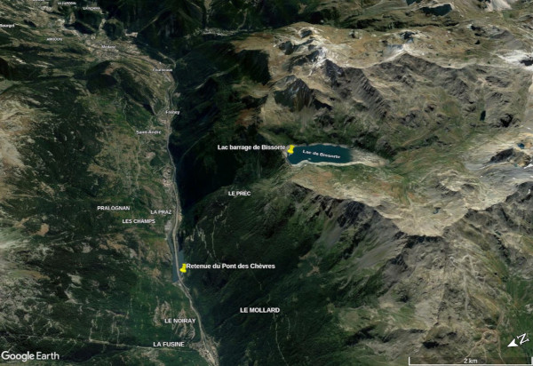 Lac haut (Bissorte) et retenue basse sur l’Arc (Pont des Chèvres) du système Super-Bissorte, Savoie