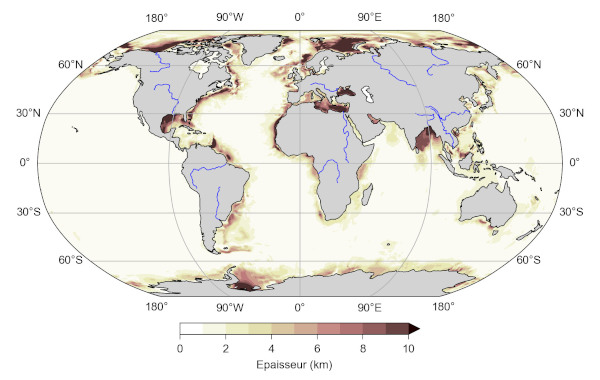 Carte de l'épaisseur totale des sédiments océaniques