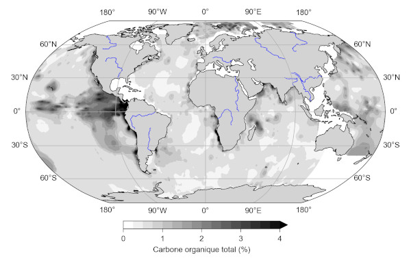 Carte de la teneur en carbone organique total des sédiments océaniques de surface