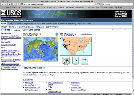 Page d'accueil de la section du site de l'US Geological Survey dédié à la surveillance sismique