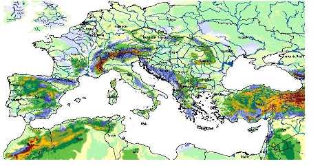 Carte des affleurements des ensembles karstiques (en bleu) autour de la Méditerranée