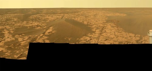 Mars : panorama sur 120° constitué d'une mosaïque de photos prises par Opportunity du 21 au 24 novembre 2008