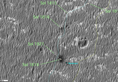 Mars : trajet d'Opportunity (trait blanc) entre les sols 1814 et 1821 reporté sur une image Hirise