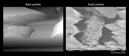 Micro-photographie d'une particule du sol martien (à gauche) comparée à une particule argileuse terrestre (à droite)