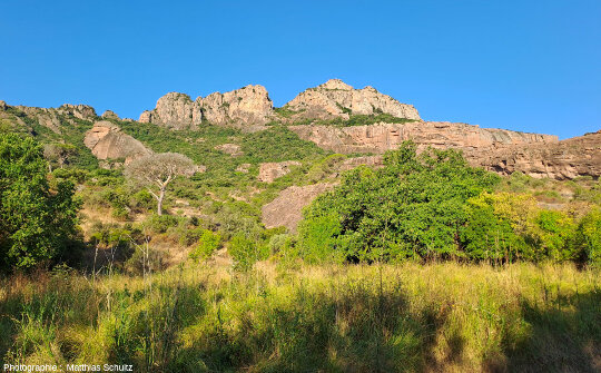 Le rocher de Roquebrune (Var) vu depuis son pied au Nord-Est, avec ses roches rouges sombres dénudées et escarpées contrastant avec le vert de la végétation environnante